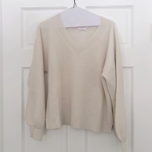 Brodie Cashmere | 100% Cashmere Ribber Ivory V neck sweater - Medium